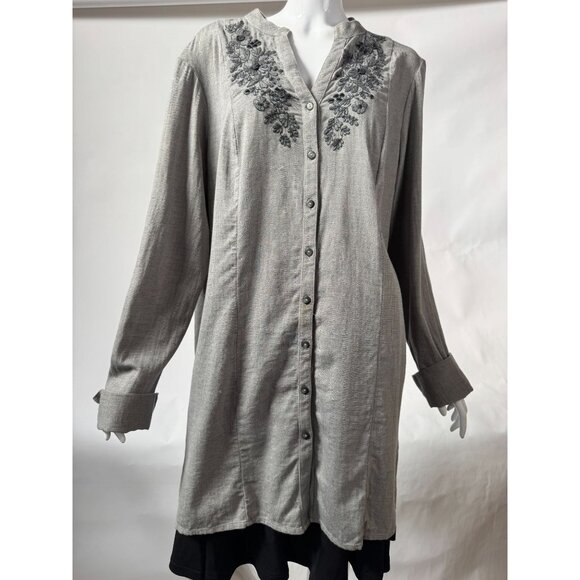 Coldwater Creek XL Embroidered Button-Front Tunic Top Gray 100% Cotton Long Slee - Picture 1 of 16